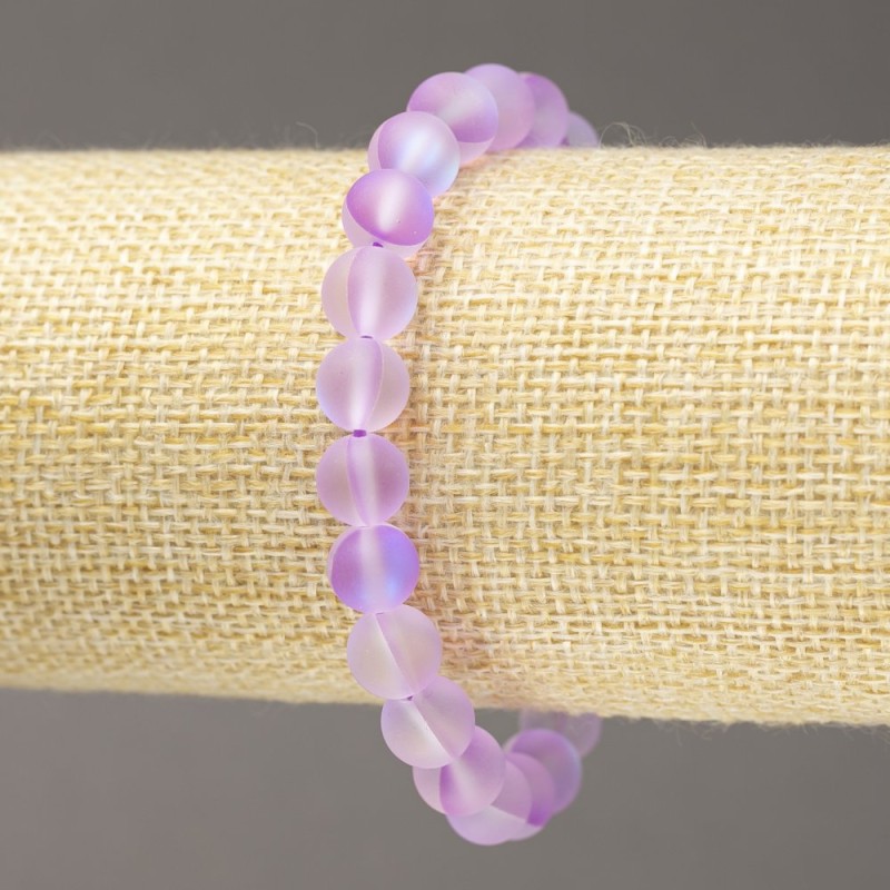 Náramek na elastické šňůře opálové sklo hladká kulička fialová matná, průměr 8 mm, délka 18 cm