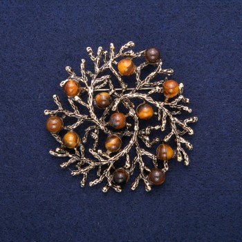 Brožka-přívěšek „Větvičky“ z přírodního kamene tygří oko, zlatý kov, 60 mm