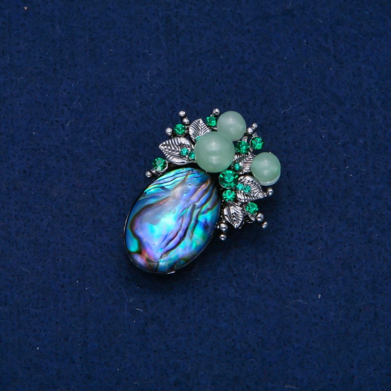Brožka Akcent 42×30 mm, cabochon kalcedon se štrasami a korálkami, stříbrný kov