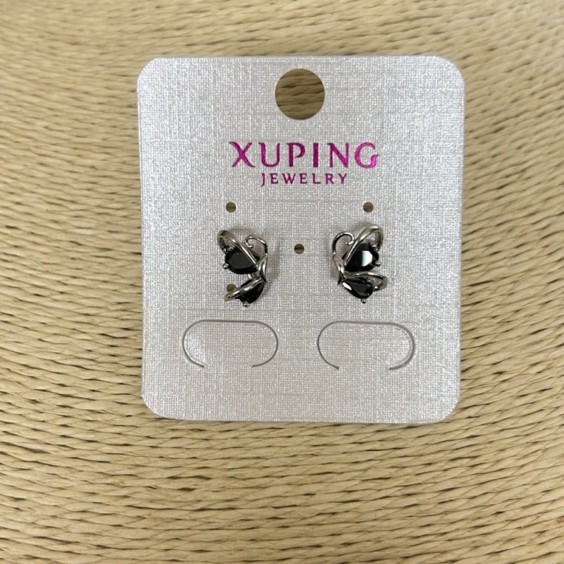 Náušnice peckové Xuping rhodiované se černými krystaly, průměr 12×8 mm +