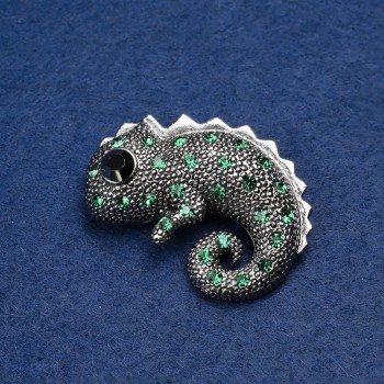 Brož Chameleon stříbrný kov, zelené a černé štrasové kamínky 42×30 mm +