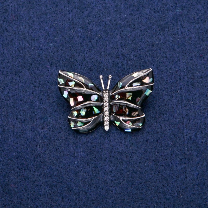 Brož Motýl s haliotisem, smalt a krystaly, 22×33 mm, stříbrný kov