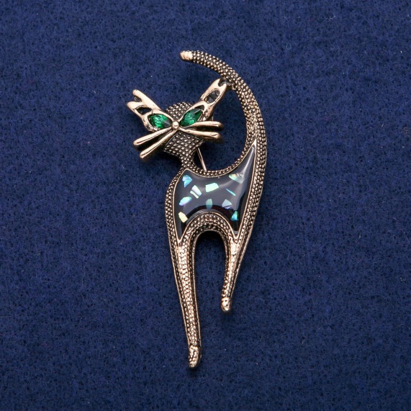 Brož Koťátko s emailovou glazurou, haliotitem a krystaly, 30×73 mm, zlatistý kov