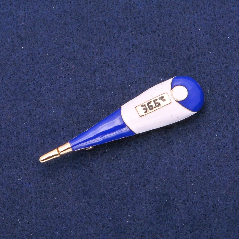 Brožka-přívěsek Termometr, modrý a bílý email, zlatý kov 15×58 mm