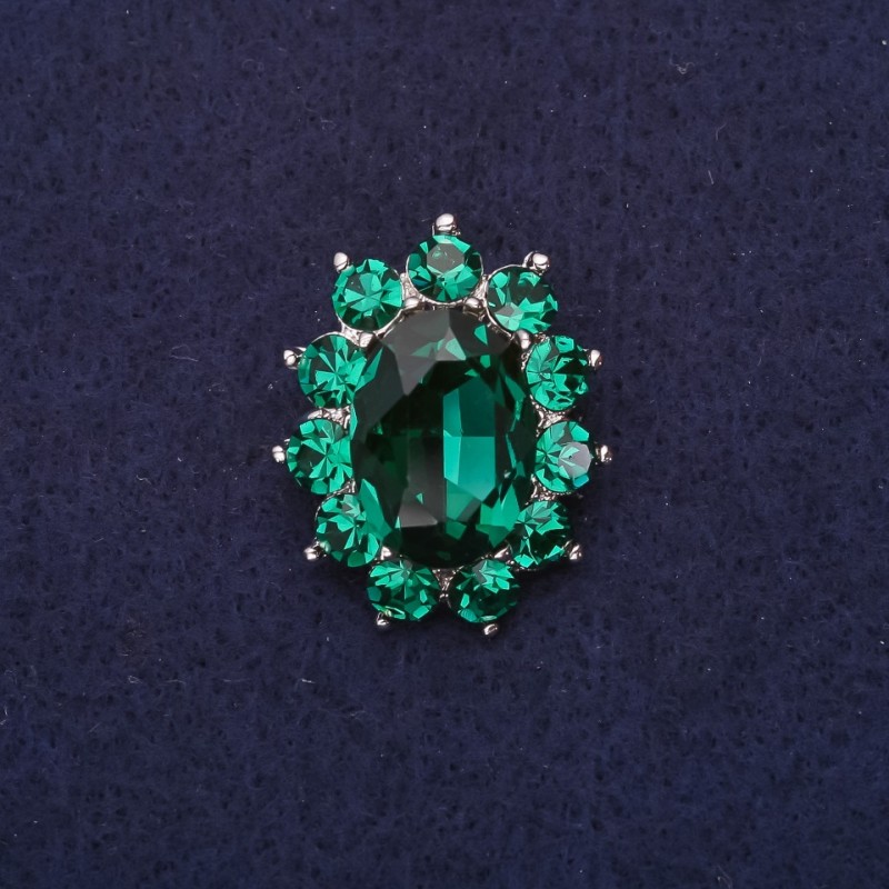 Brož Akcent s kamenem ve tvaru markýzu, zelená smaragdová barva, 30×24 mm, stříbrný kov