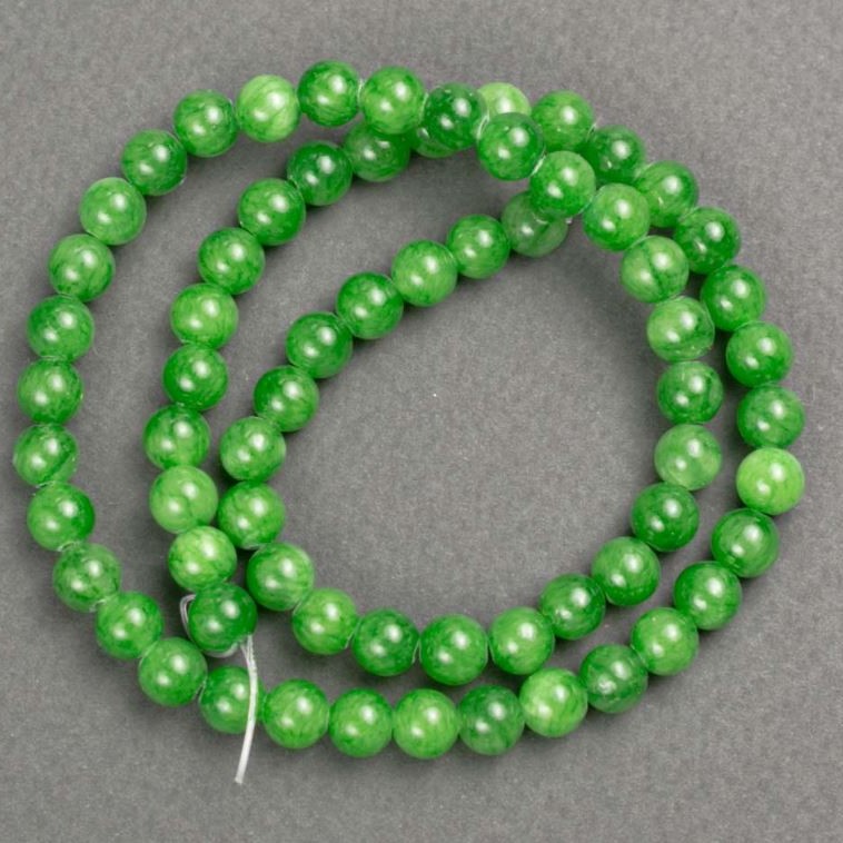 Korálky Nefrit (umělý akryl) na vlascové šňůře, hladká koule, průměr 6 mm ±, délka 40 cm ±