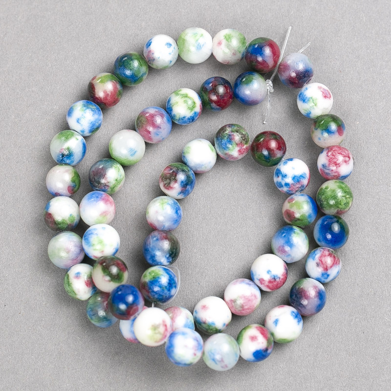 Korálky multicolor tmavě růžové, modré, bílé a zelené 'Achát' (umělý akryl) na niti, hladká kulička, průměr 8 mm +- L