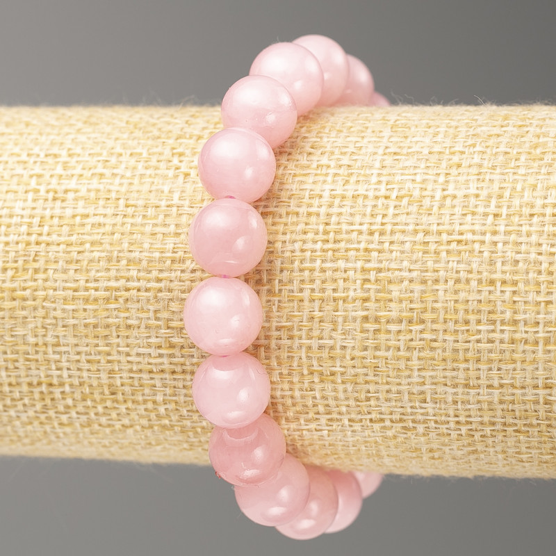 Náramek na gumičce z růžového křemene (umělý akryl), hladké korálky, průměr 10 mm, délka 18 cm