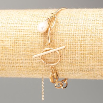 Náramek Xuping, pozlacení 18K, délka 18 cm, tloušťka 6 mm +/-, tloušťka 2 mm +/- s perlou