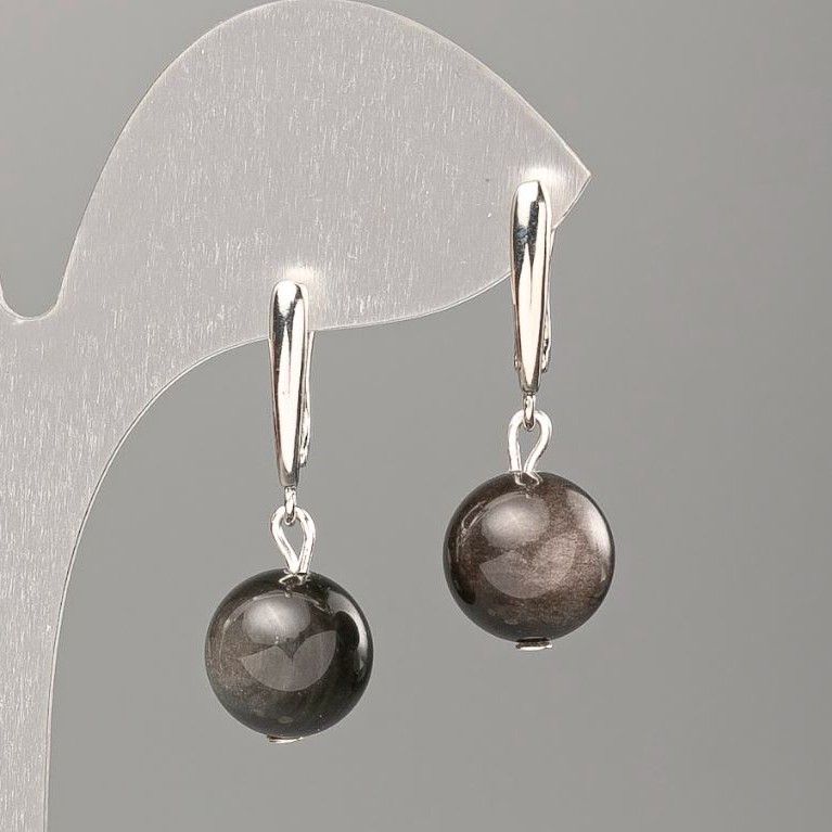 Náušnice ze stříbřitého obsidiánu – hladká kulička, průměr 12 mm ±, délka 33 mm ±