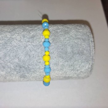 Náramek „Ukrajina“ z českého křišťálu „facettované rondely“ na gumičce, průměr 6×4 mm (+/-), průměr 3×2 mm (+/-), délka 18 cm (+/-)