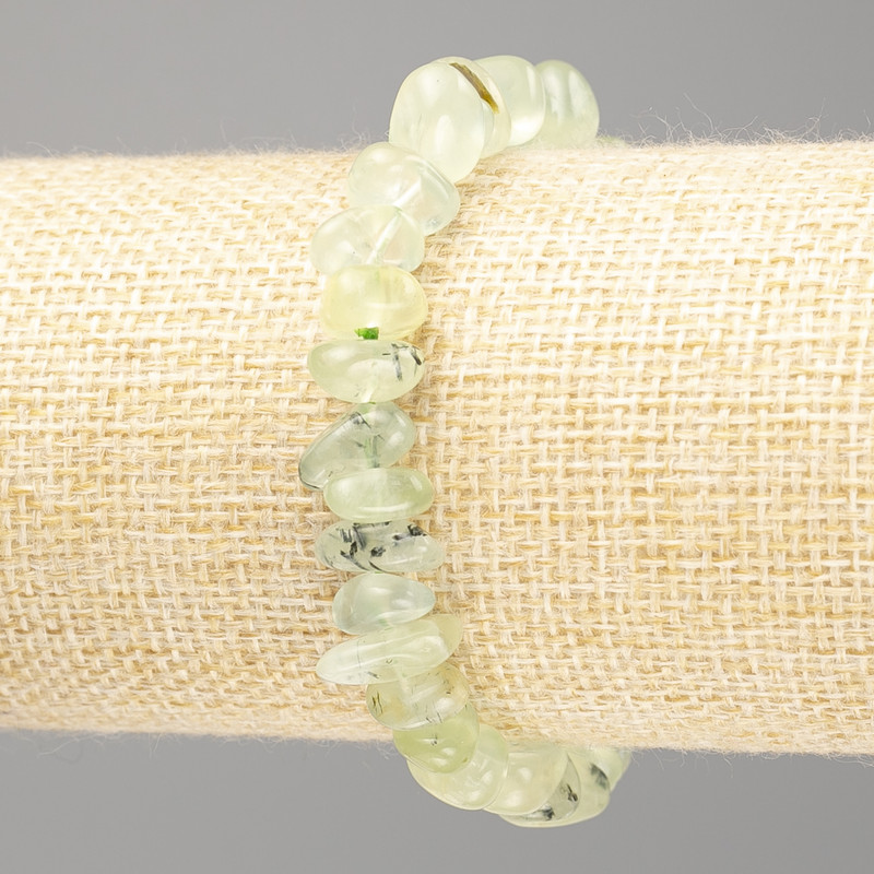 Náramek z prenitu, přírodního kamene, brusované korálky, průměr 11×5 mm, délka 18 cm (elastický)