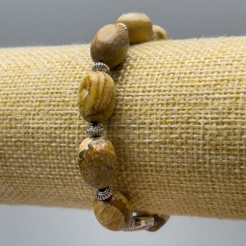 Náramek z paysážního jaspisu z přírodního kamene, průměr 10 × 14 mm, délka 18 cm (elastický), barilové korálky, se stříbrnými vložkami