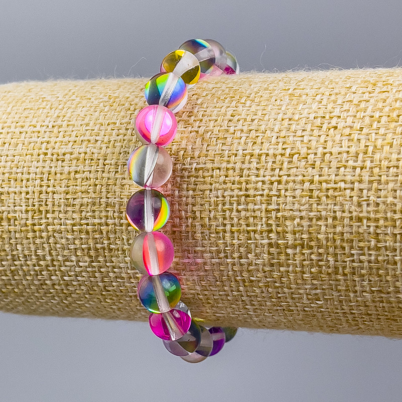 Náramek z opálového skla, mix barev, hladké korálky, průměr 8 mm ±, délka 18 cm (elastický)