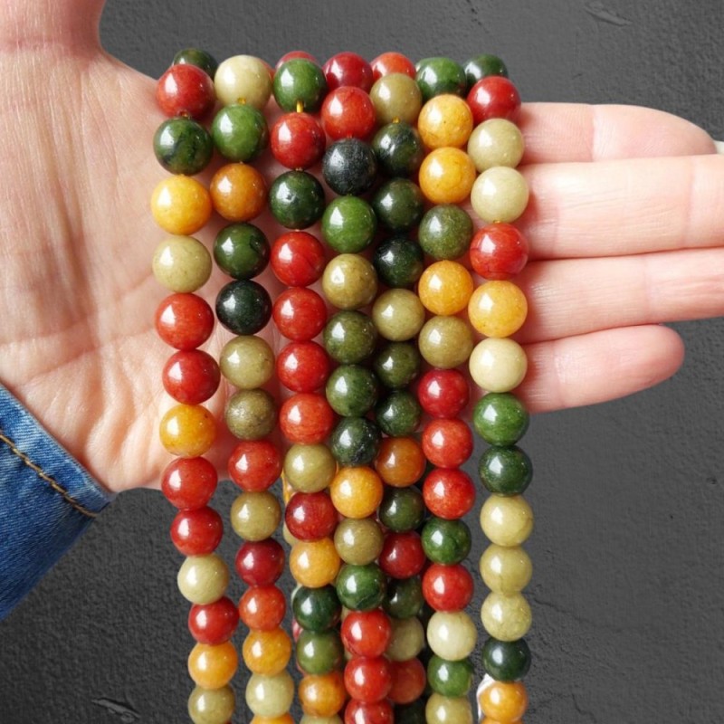 Mix korálků z přírodních kamenů, hladké korálky, průměr 10,5 mm, na niti, délka 38 cm+