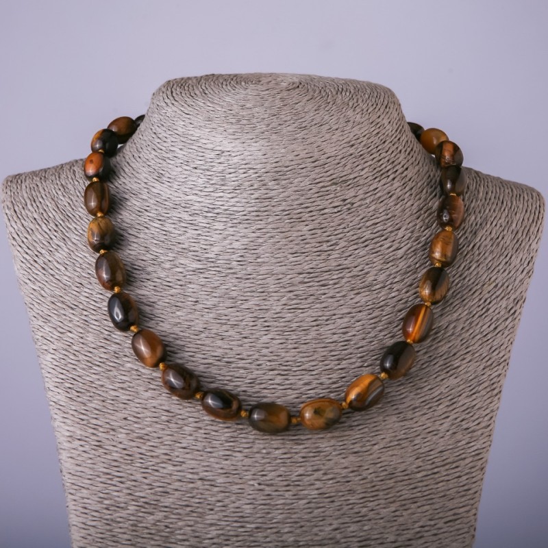 Náhrdelník z přírodního kamene tygří oko 'baril', průměr 10×14 mm, délka 47 cm