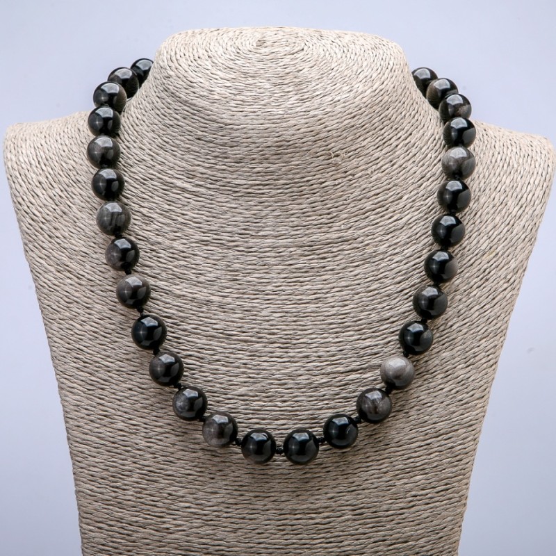 Náhrdelník ze stříbřitého obsidiánu, hladké kuličky, průměr 12 mm, délka 45 cm +