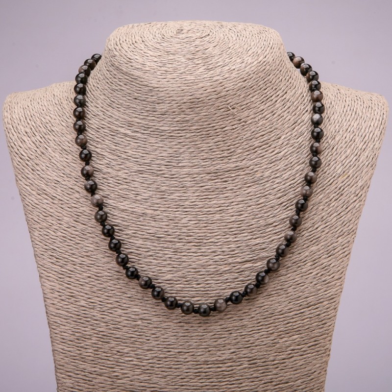 Náhrdelník z přírodního kamene – stříbrný obsidián, hladká kulička, průměr cca 6 mm, délka 45 cm +