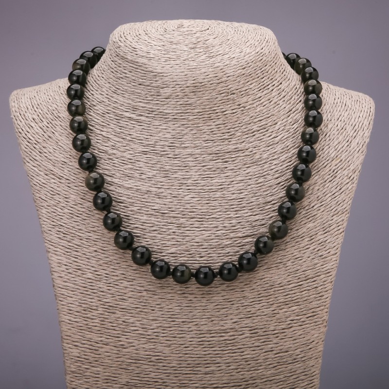 Náhrdelník z přírodního obsidiánu Sluneční obsidián, hladká kulička, průměr 8 mm, délka 48 cm