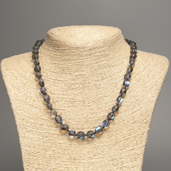 Náhrdelník z opálového skla šedo-modrý odstín, briolette, průměr 8×10 mm, délka 50 cm