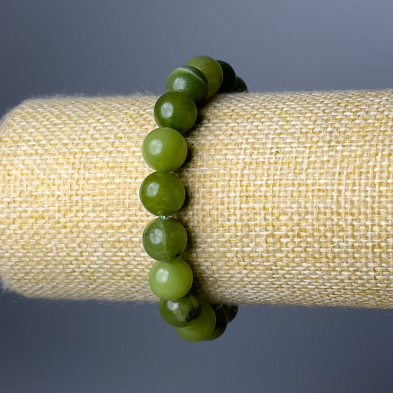 Náramek z kanadského jadeitu, přírodní kámen, hladká kulička, průměr 10 mm, délka 18 cm (elastický)