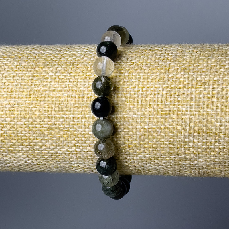 Náramek z rutilitového křemene vlasatého, přírodní kámen, hladké kuličky o průměru 6 mm ±, délka 18 cm (elastický)