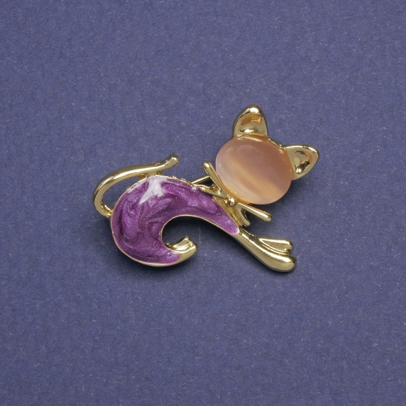 Brožka Kočička s béžovým kočičím okem a fialovou perleťovou barvou 28×23 mm