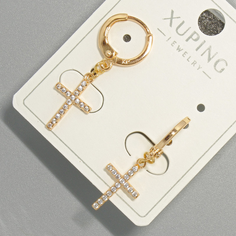 Náušnice «Kříž» Xuping s bílými krystaly, průměr 9×15 mm, délka 30 mm, pozlacení 18K