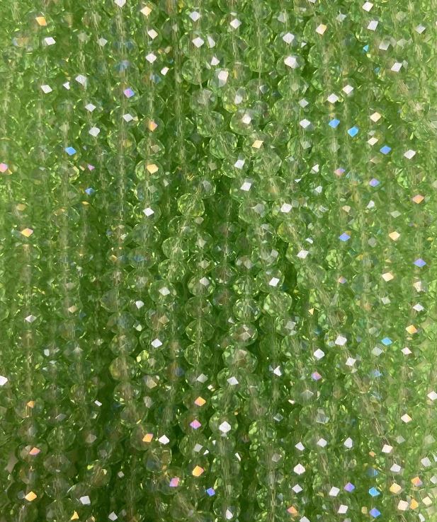 Korálky z českého křišťálu, salátové brusované rondely s benzínovým leskem, průměr 6×5 mm, délka 42 mm, na niti