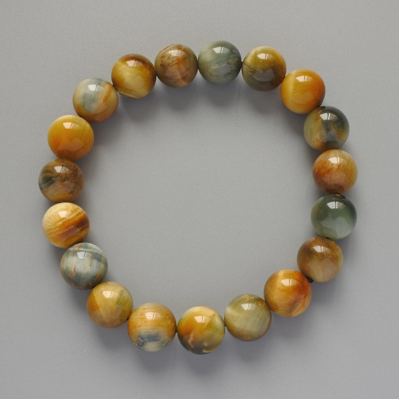 Náramek z žlutošedého kočičího oka, z přírodního kamene, hladké kuličky, průměr 10,5 mm, délka 18 cm, elastické provedení