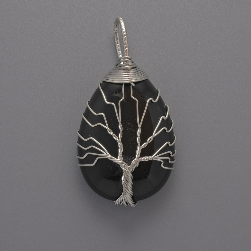 Přívěšek z černého achátu ve stříbrném opletení, průměr 44x24x9 mm+