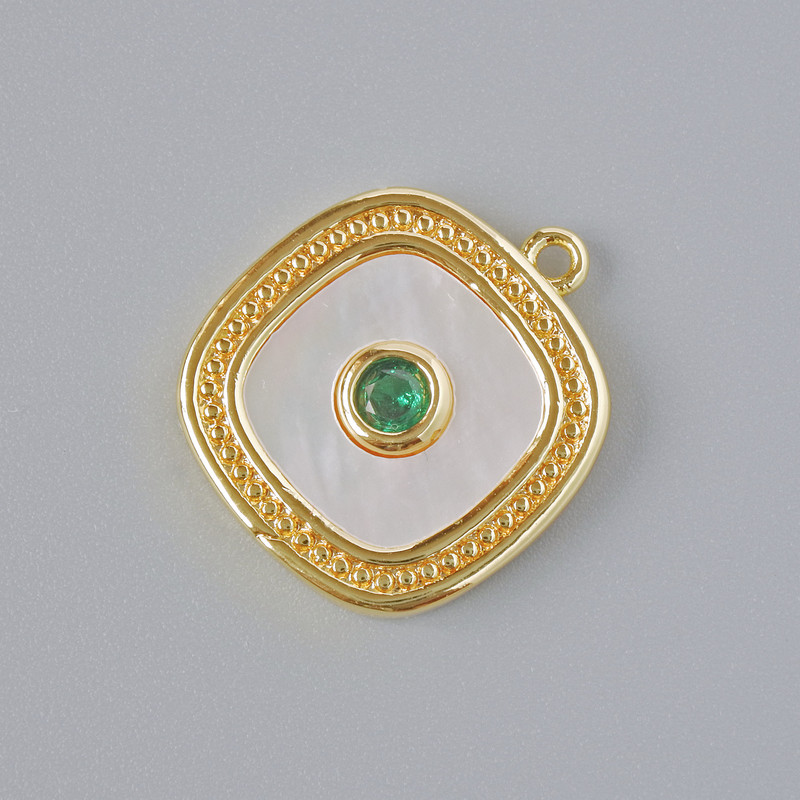Přívěšek z perleti a zeleného krystalu, zlatavý odstín kovu, průměr 17 × 15 mm