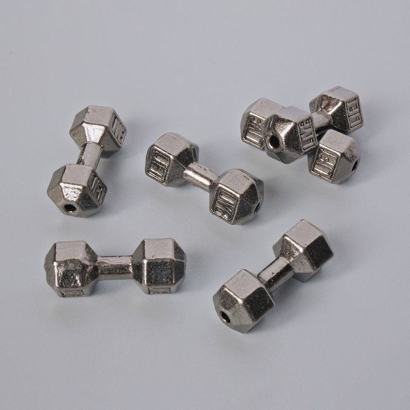 Korálková součástka ve tvaru činky, rozměry 8×19,5 mm, balení 6 ks, tmavě stříbrná barva kovu