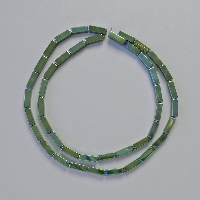 Korálky hematit obdélníkové 9×3 mm ± zelený chameleon, řetízek
