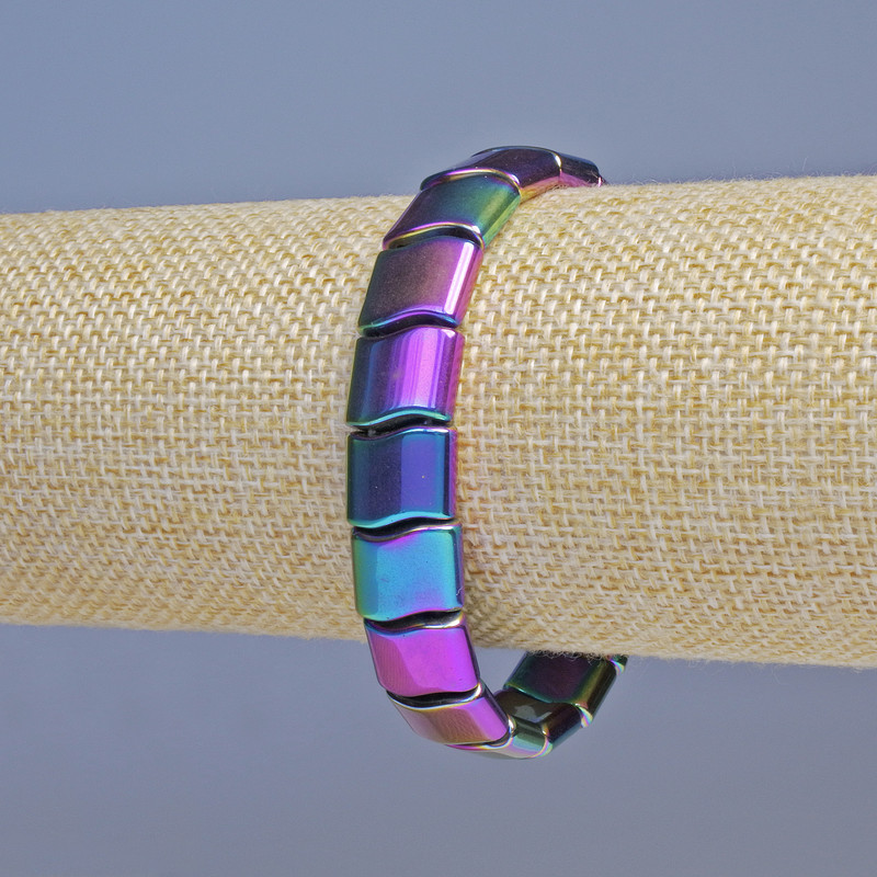 Náramek z hematitu barvy benzínové vlny, průměr 12×10 mm, délka 18 cm ± elastický