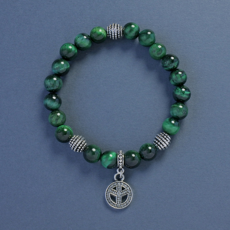 Náramek «Kočičí oko» s hladkou kuličkou, průměr 8 mm, délka 18 cm, elastický s přívěskem «Mír»