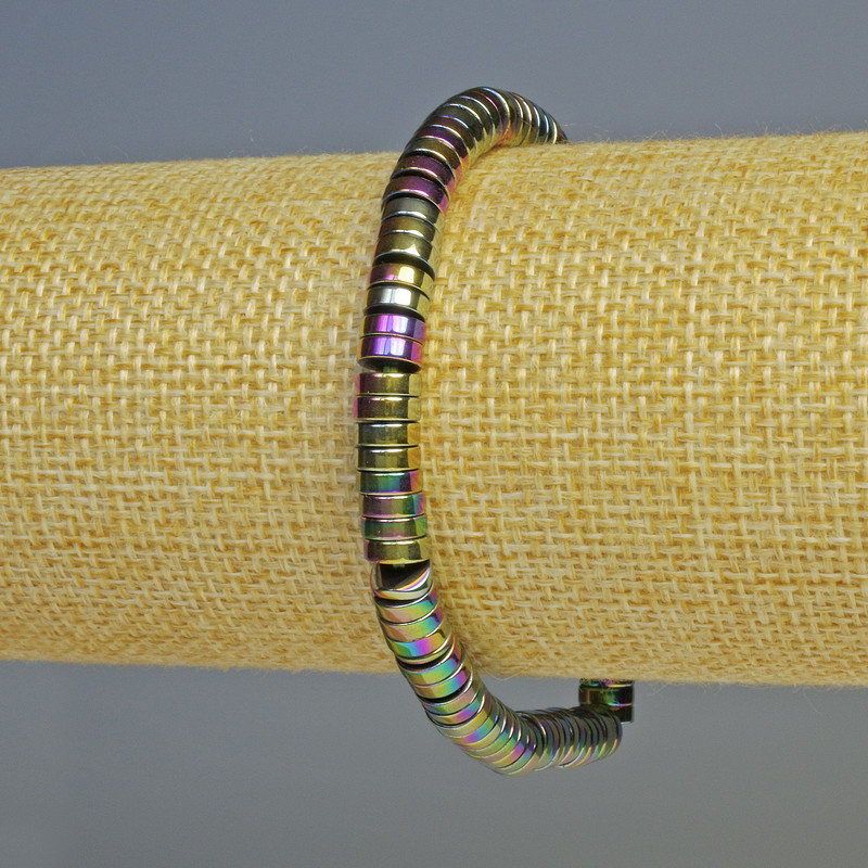 Náramek z hematitu rondel vícebarevný, průměr 6×2 mm ±, délka 18 cm, elastický