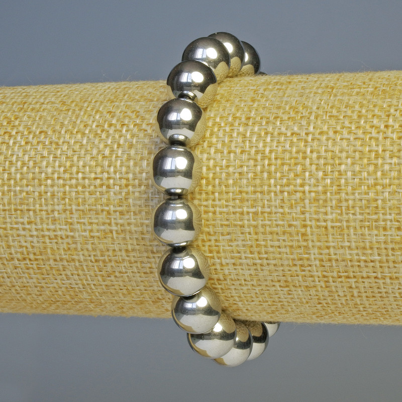 Náramek z hematitu – kuličky, barva stříbrná, průměr 10 mm, délka 18 cm, elastický