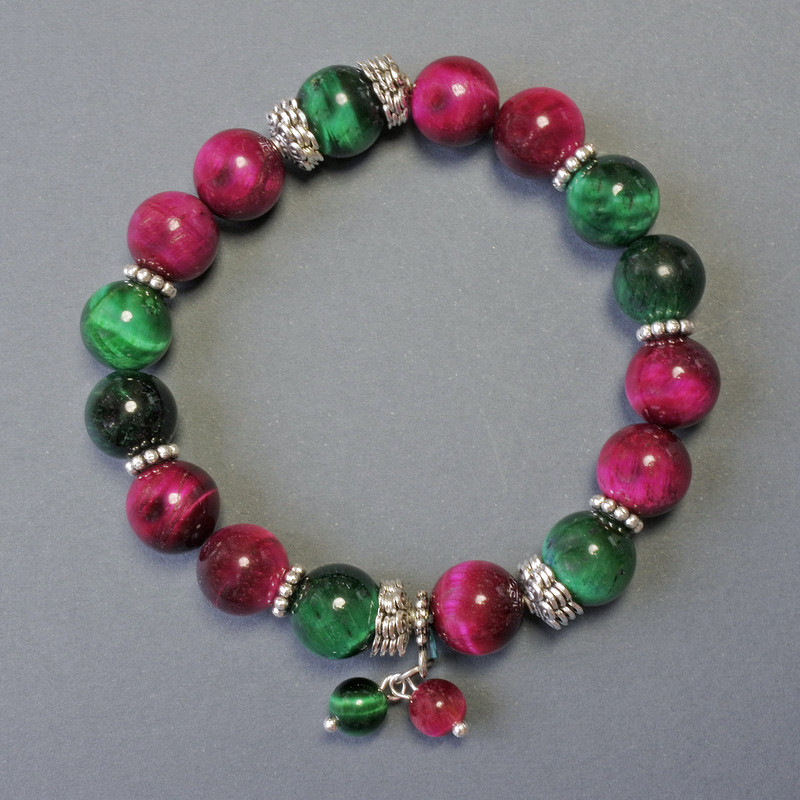 Náramek Kočičí oko z přírodního kamene, hladké kuličky, průměr 10 mm, s kovovými vložkami, délka 18 cm, elastický