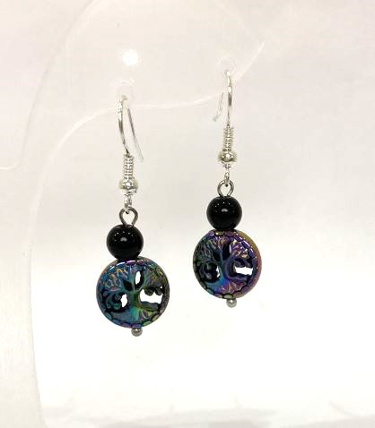 Náušnice z hematitu mince 12×4 mm +-, achát hladká kulička 6 mm +-, délka 38 mm +-