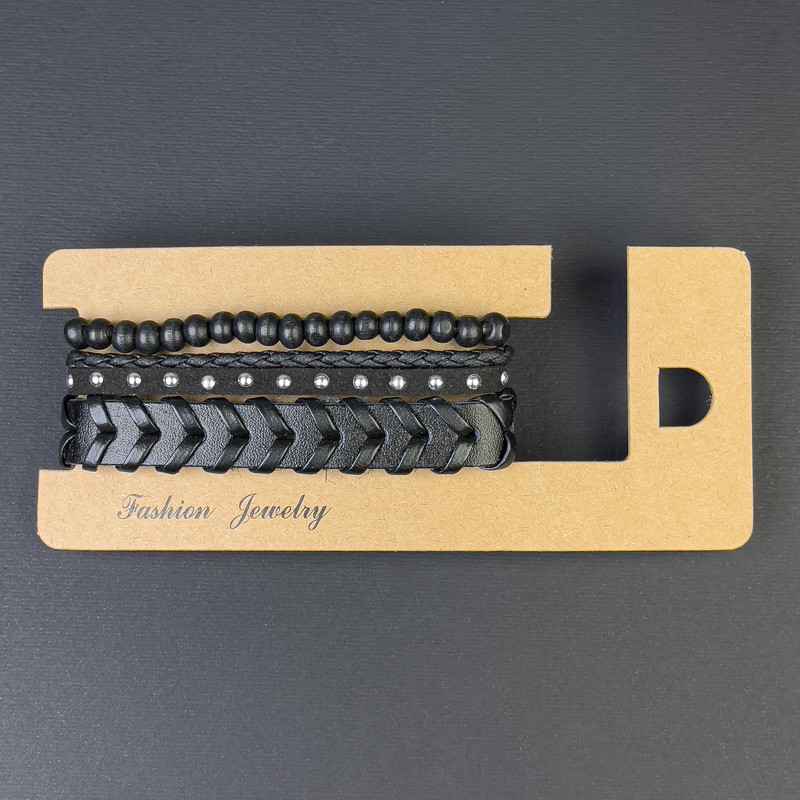 Třířadý náramek z černé ekokože na stažení, délka 18–24 cm