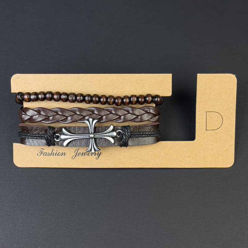 Trojitý náramek z eko kůže s vložkou ve tvaru kříže, na stažení, délka 18–24 cm, hnědá