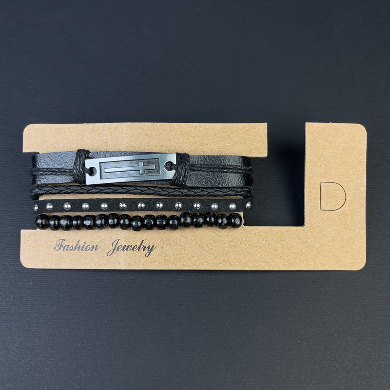 Trojitý náramek z ekokůže s vložkou ve tvaru «Kříž», délka 18–24 cm, černý