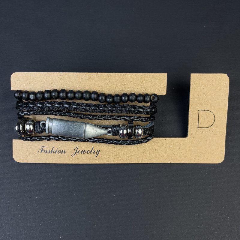 Trojitý náramek z eko-kůže s kulovou vložkou na stažení, délka 18–24 cm, černý