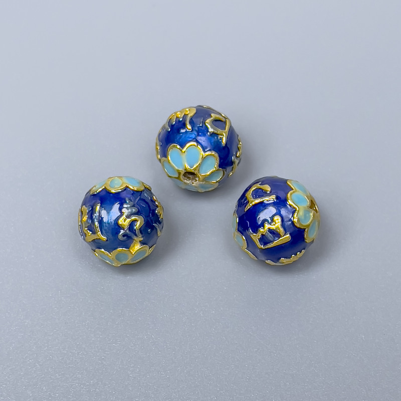 Korálka Cloisonné modroazurová smalt, průměr 10 mm, otvor 1,5 mm, zlatý kov, 1 ks