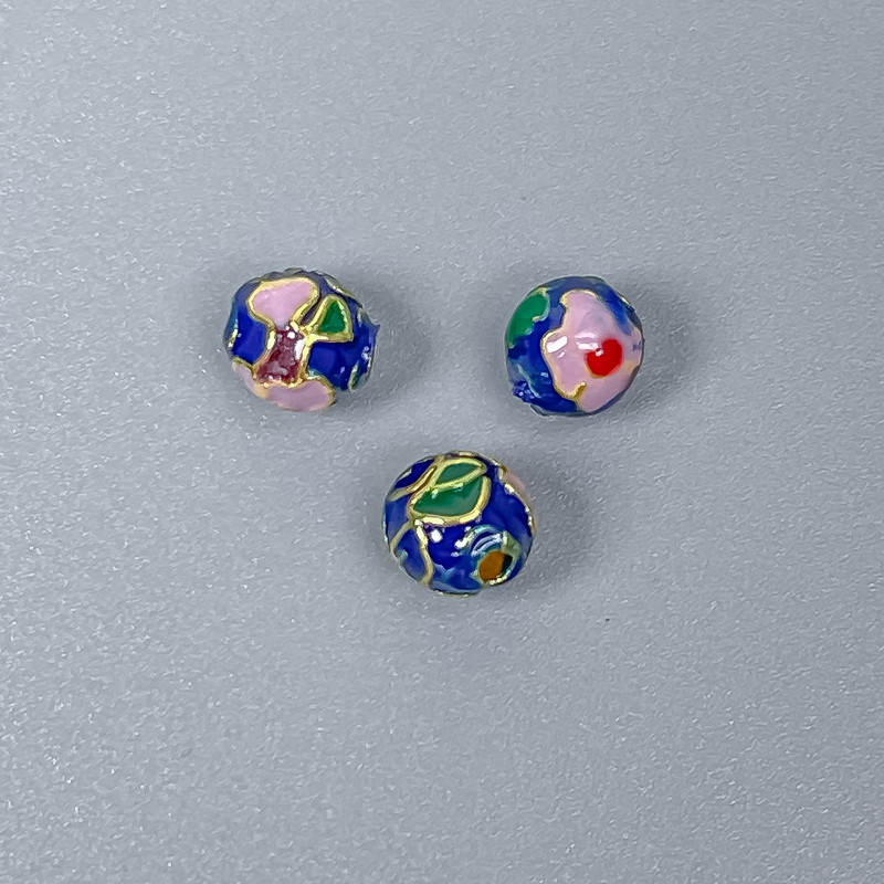 Korálek Cloisonné modro-růžový smalt, průměr 6 mm, dírka 1 mm, zlatavý kov, 1 ks