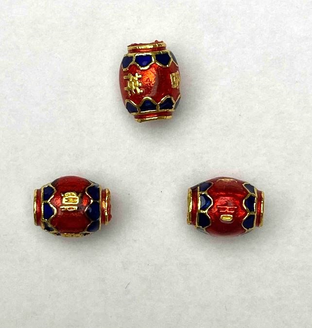 Korálka Cloisonné barilového tvaru, červená a modrá email na zlatém kovu, průměr 8×10 mm, otvor 1,8 mm, 1 ks