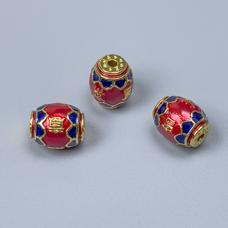 Korálka Cloisonné baril – červená a modrá smalt, průměr 10×8 mm, otvor 1,8 mm, zlatý odstín kovu, 1 ks