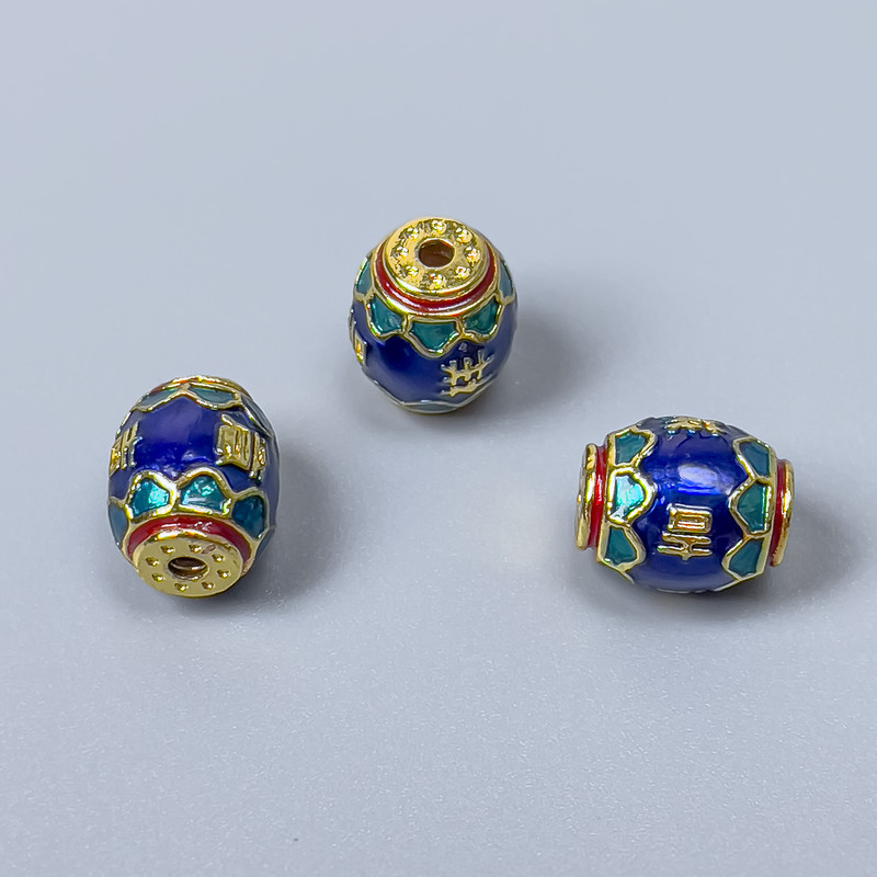 Korálek Cloisonné baril s emailem, modro-zeleno-červený, průměr 8×10 mm, dírka cca 1,5 mm, zlatý odstín kovu, 1 ks
