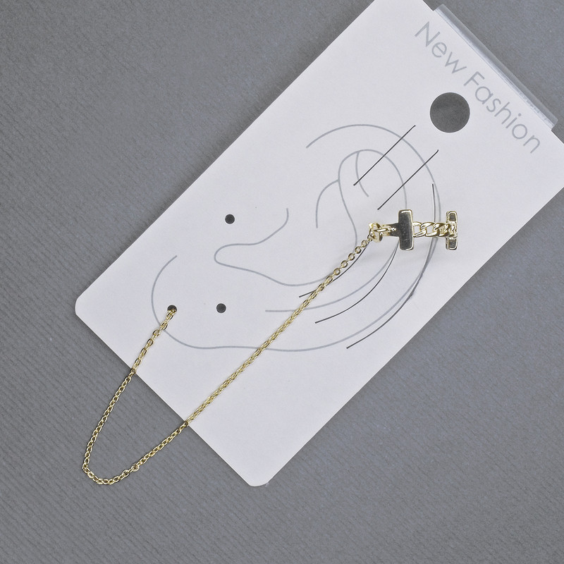 Náušnice kaf na ouško zlatistého kovu 6×13 mm, délka cca 10,5 cm, bílé štrasové kamínky